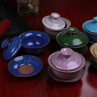 台湾冰裂釉紫砂盖碗八色冰裂纹陶瓷茶具套装大茶壶茶杯特价茶功夫