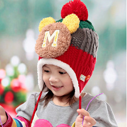 韩版正品新款儿童幼儿小熊毛线帽可爱球球帽冬天首选加绒护耳保暖
