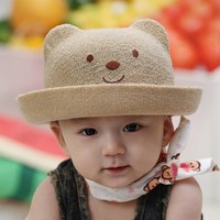 韩版春夏男女儿童帽子小熊造型麻帽 渔夫帽宝宝遮阳帽盆帽