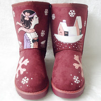 包邮 手绘雪地靴子 女冬 彩绘中筒靴 学生雪地鞋 棉鞋 涂鸦潮鞋