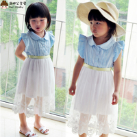 2015夏新款女童装 韩版纯棉牛仔拼接蕾丝短袖连衣裙 儿童背心裙子