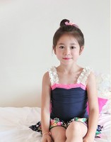 韩国新款夏季全棉女童品牌套装蕾丝 吊带上衣印花裤裙两件套
