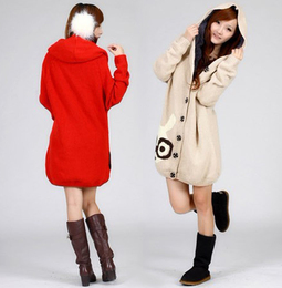 2013秋冬季女装新品韩版时尚加绒加厚毛衣外套中长款兔子针织开衫