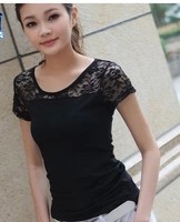 2016夏装新款女装蕾丝拼接短袖女T恤韩版修身大码打底衫女士上衣