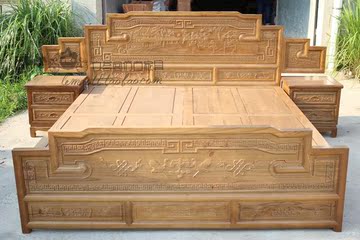 仿古家具 古典榆木实木雕花板床 实木床 双人床1.8米 原木床头柜