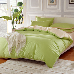 双拼滚边全活性100%纯棉床上四件套家纺全棉纯色苹果绿色淡黄米色