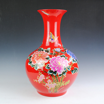 现代时尚工艺品摆设 景德镇陶瓷器落地花瓶客厅中国红 描金牡丹