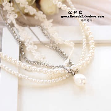 韩国进口 手工制作 小香柔美风 唯美多重珍珠蕾丝短款项链/HXL161