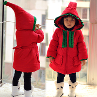 女童棉衣棉袄秋冬新款尖角帽中长款圣诞新年儿童大红色棉服外套厚