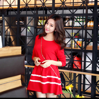 2015韩国夏季新款条纹修身打底裙长袖连衣裙女 宽松大码