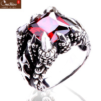 特价个性复古钛钢男士戒指 韩版霸气手工镶嵌龙爪红宝石指环饰品