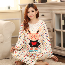 韩版女装睡衣加大码春季纯棉长袖睡衣可爱卡通兔子加厚家居服套装