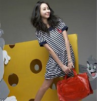 2015夏新款 大兜设计韩版海军条纹连衣裙女 清仓