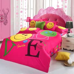 纯棉加厚磨毛全活性卡通笑脸玫红粉红色越用越舒适全棉床上四件套