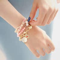 韩国饰品进口正品 甜美时尚小花朵粉色薄荷珠子多层女生手链手绳