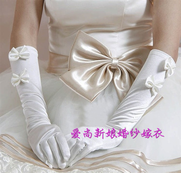 爱尚新娘婚纱嫁衣新款婚纱全指手套长款缎面冬季新娘两蝴蝶结手套