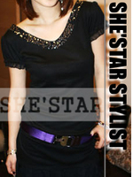 【SHE'STAR】推荐款黑色魅力闪片超修身拼网纱连身裙TEE黑特价