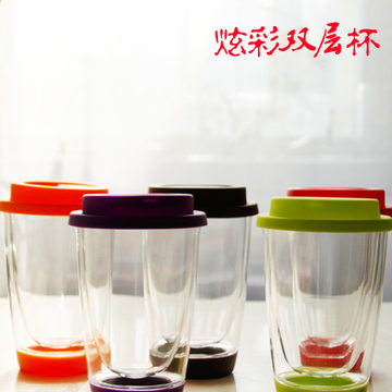 炫彩双层玻璃杯创意硅胶盖花茶杯简约耐热玻璃透明隔热杯有盖包邮