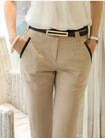 2015新款韩版 专柜正品拼色修身百搭通勤长裤 女式休闲裤