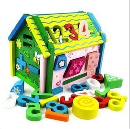 卡通木制数字屋玩具 趣味屋 益智玩具几何积木多功能小屋