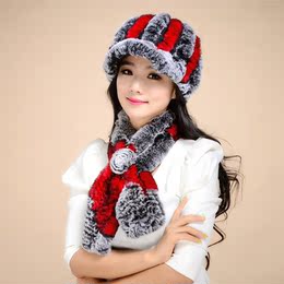 新款皮草帽子韩版围巾獭兔毛线鸭舌帽围脖两件套装女冬天保暖包邮