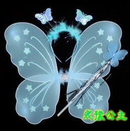 儿童六一道具表演天使蝴蝶服装翅膀仙女棒头箍发卡蓝色蝴蝶翅膀
