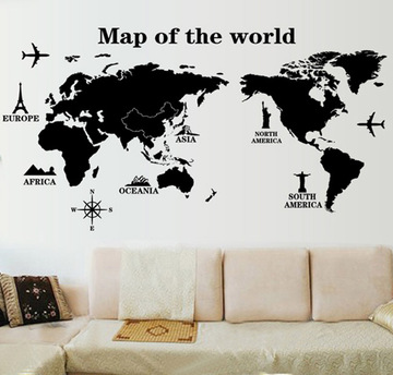 可移除墙贴  黑白世界地图墙贴 客厅沙发背景卧室办公室装饰贴
