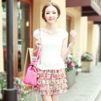 2014新夏季假两件套短袖蕾丝蛋糕裙雪纺淑女连衣裙名媛小香风品牌