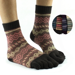 五指袜女纯棉 复古中筒加厚提花五趾袜子 秋冬羊毛保暖菱格袜子