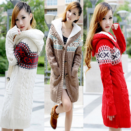 冬季新品韩版时尚麻花口袋加厚夹绒带帽大纽扣毛衣气质中长款外套