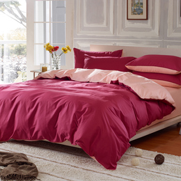 100%全棉斜纹高支高密酒红色淡粉红色素色双拼纯棉床上用品四件套