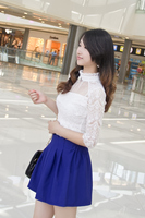 夏秋装新品质女装 韩版潮 纯白色中袖网纱拼接蕾丝衫 打底蕾丝衫