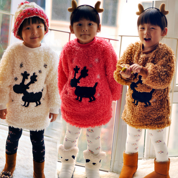 儿童冬装新款女童韩版羊羔绒中长款绒衫小鹿毛毛加厚卫衣连衣裙子