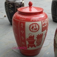 中国红景德镇陶瓷米缸米桶特价带盖储物罐雕刻50-100斤装储米箱