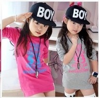 2015春装新款韩版儿童装小孩衣服女童前短后长字母长款T恤长袖T恤