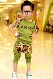 2014夏款 ARMY迷彩拼接男童T恤+垮裤 超酷中小男童套装