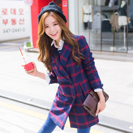 2015秋冬装新款韩版经典格子中长款呢子大衣女双排扣直筒毛呢外套