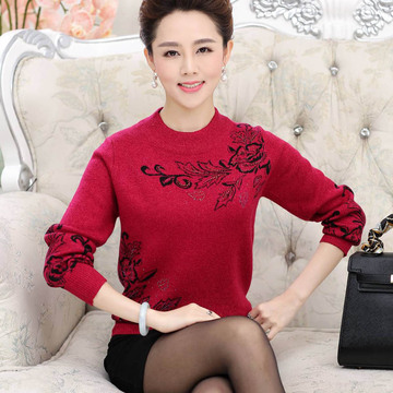 中老年女士羊绒衫2015秋冬季新款品牌妈妈装加厚保暖休闲花朵毛衣