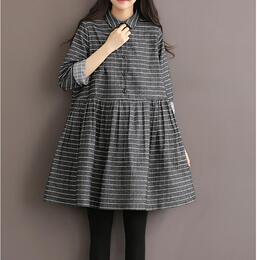 安妮森林2015大码冬季新款色织棉格文艺复古灰色条纹连衣裙女