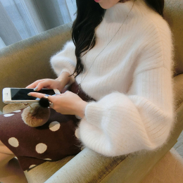 韩国代购2015冬季新款女装宽松套头加厚短款高领白色貂绒兔毛毛衣