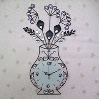 包邮现代静音欧式挂钟客厅创意艺术钟时尚个性钟表花瓶铁艺钟