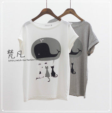 【韩】夏季小清新可爱鲸鱼小猫宽松圆领短袖套头T恤4470