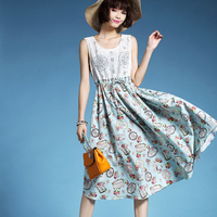 子域D5614E 2015夏季新款棉麻长裙修身抽绳印花蕾丝拼接无袖连衣