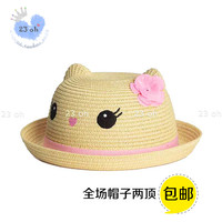 夏季新品欧美女童沙滩帽 萌猫可爱造型立体耳朵草帽 出游遮阳帽