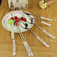 创意卡通儿童陶瓷餐具Hellokitty可爱不锈钢勺子筷子水果叉子套装