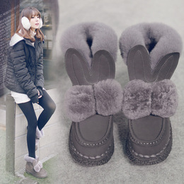 冬季韩版粗跟兔毛短靴女圆头套筒保暖平底毛毛雪地靴时尚百搭棉鞋