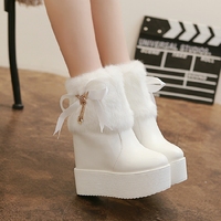 冬季内增高女靴真皮兔毛内增高厚底雪地靴白色侧拉链坡跟白色短靴