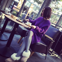 2015秋冬新款女装韩版宽松显瘦纯色针织打底衫中长款大码加厚毛衣