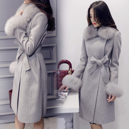 2016冬季新款韩版高贵毛绒纯色经典毛呢大衣外套配腰带1808P140