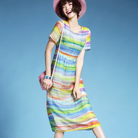 子域D5620E 2015夏季新款靓丽减龄彩虹条纹短袖高腰棉麻连衣裙